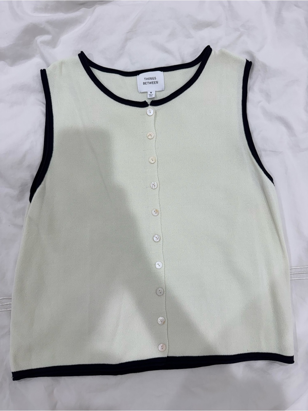 Things Between Cream Button-Front Sleeveless Tank with Black Trim